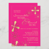 ショッキングピンクおよび金ゴールドのインディアンの刺激を受けたな結婚式 招待状 (正面/裏面)