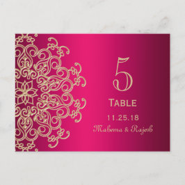 ショッキングピンクおよび金ゴールドのインドの結婚式のテーブル数カード ポストカード