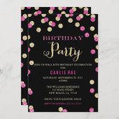 ショッキングピンクおよび金ゴールドのグリッターの誕生日の招待状 招待状 (正面/裏面)