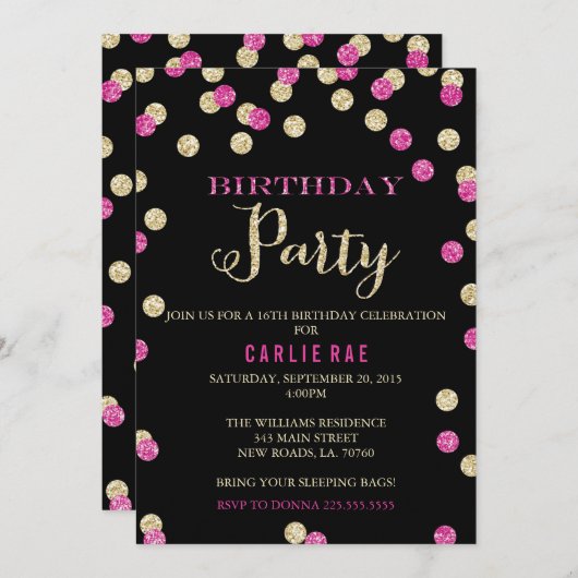 ショッキングピンクおよび金ゴールドのグリッターの誕生日の招待状 招待状 (正面/裏面)