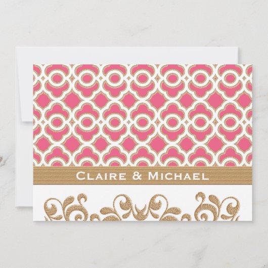 ショッキングピンクおよび金ゴールドのモトッコ人のカップルのウェディングシャワー 招待状 (裏面)