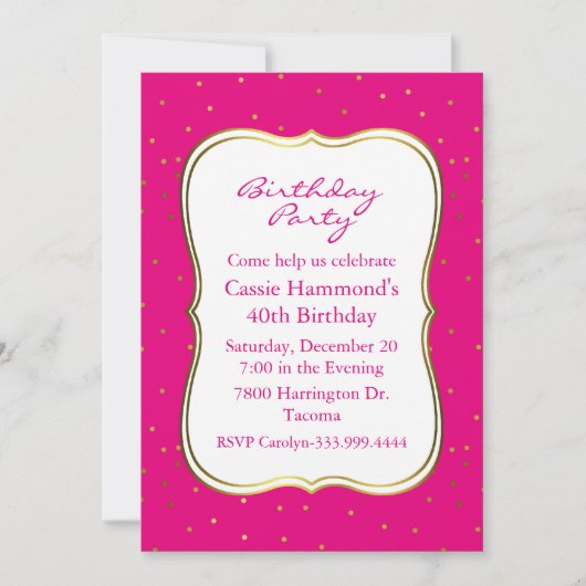 ショッキングピンクおよび金ゴールドの誕生日のパーティの招待状 招待状 (正面)