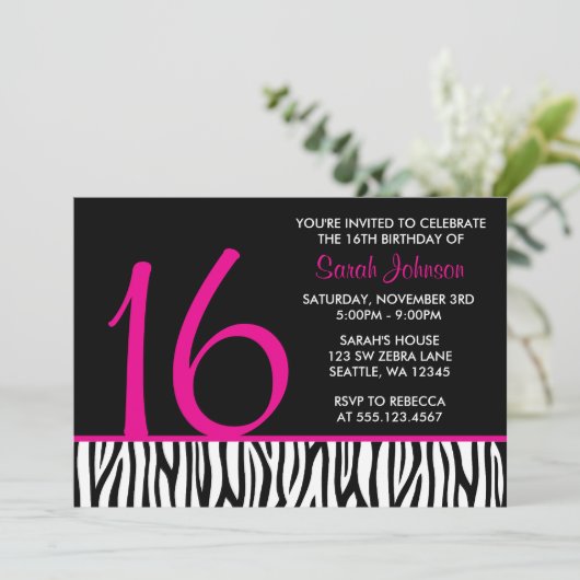 ショッキングピンクおよび黒いシマウマの菓子16数誕生日 招待状 (スタンド正面)