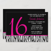 ショッキングピンクおよび黒いシマウマの菓子16数誕生日 招待状 (正面/裏面)