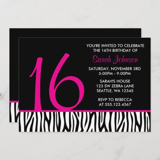 ショッキングピンクおよび黒いシマウマの菓子16数誕生日 招待状 (正面/裏面)