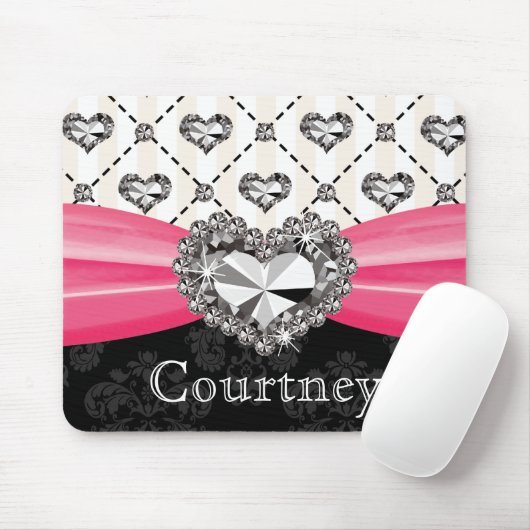 ショッキングピンクおよび黒いダマスク織のダイヤモンドのマウスパッドRhines マウスパッド (マウス)