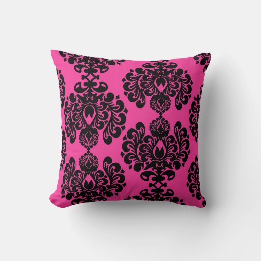 ショッキングピンクおよび黒いダマスク織の装飾用クッション クッション (正面)