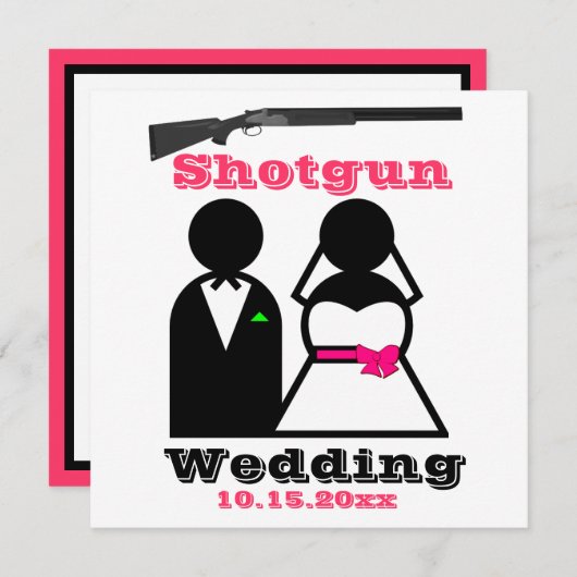 ショッキングピンクおよび黒い散弾銃の結婚式招待状 招待状 (正面/裏面)