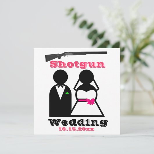 ショッキングピンクおよび黒い散弾銃の結婚式招待状 招待状 (スタンド正面)
