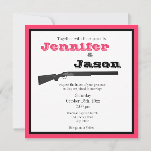 ショッキングピンクおよび黒い散弾銃の結婚式招待状 招待状 (裏面)