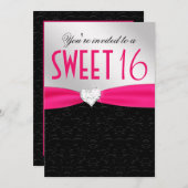 ショッキングピンクおよび黒い花のダマスク織のダイヤモンドのハート 招待状 (正面/裏面)