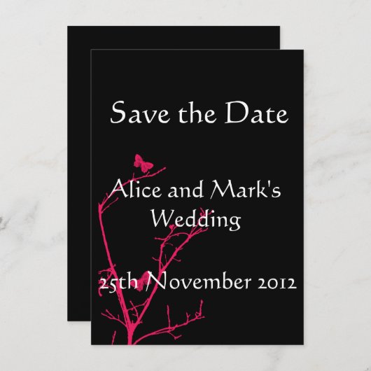 ショッキングピンクおよび黒は日付カードを救います セーブザデート (正面/裏面)