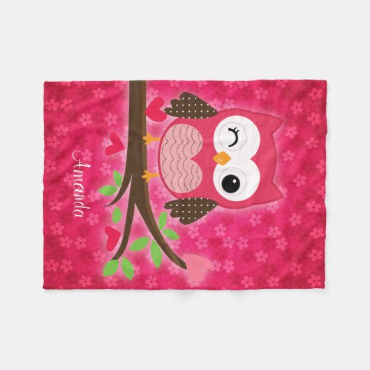 ショッキングピンクのかわいいフクロウのガーリーなパーソナライズ フリースブランケット (正面(横))