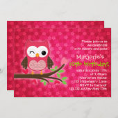 ショッキングピンクのかわいいフクロウのガーリーな誕生日のパーティの招待状 招待状 (正面/裏面)
