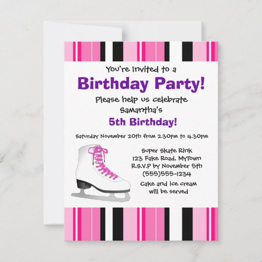 ショッキングピンクのアイススケートの誕生会-ピンクのストライプ 招待状 (正面)