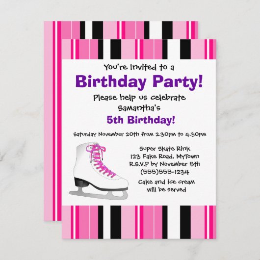 ショッキングピンクのアイススケートの誕生会-ピンクのストライプ 招待状 (正面/裏面)