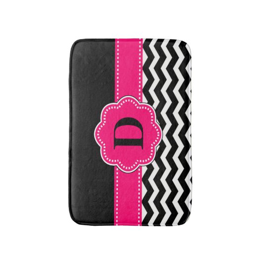 ショッキングピンクのシェブロンの黒い敷物 バスマット (正面縦)