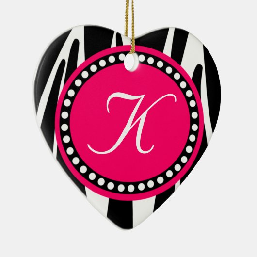 ショッキングピンクのシマウマのプリントのハートのクリスマスのオーナメント セラミックオーナメント (右)