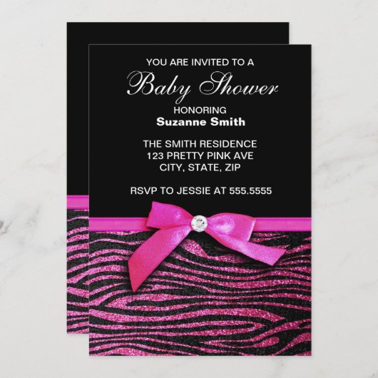 ショッキングピンクのシマウマのプリントの女の子のベビーシャワー招待状 招待状 (正面/裏面)