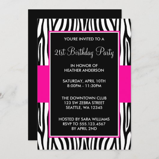 ショッキングピンクのシマウマの第21誕生会 招待状 (正面/裏面)