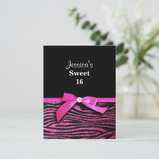 ショッキングピンクのシマウマの菓子16のバースデーパーティ招待状 招待状 (スタンド正面)