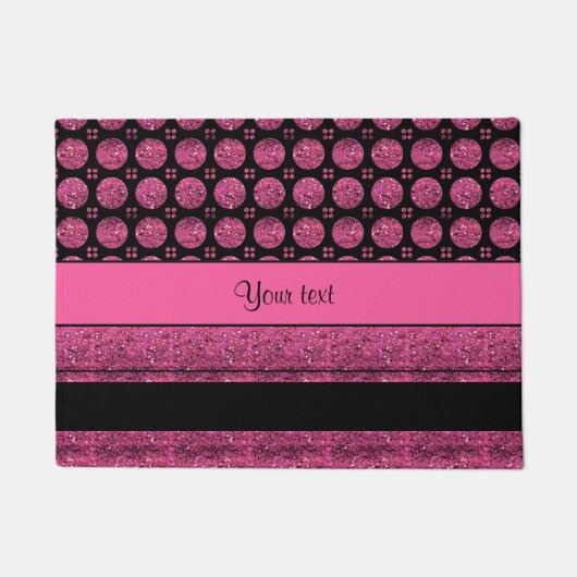 ショッキングピンクのストライプおよびグリッターの点 ドアマット (正面)