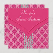 ショッキングピンクのダマスク織の菓子16のパーティー 招待状 (正面/裏面)