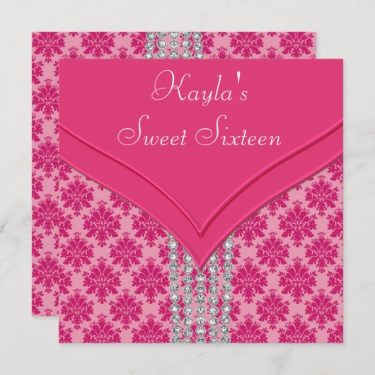 ショッキングピンクのダマスク織の菓子16のパーティー 招待状 (正面/裏面)