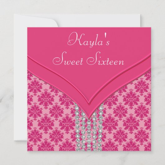 ショッキングピンクのダマスク織の菓子16のパーティー 招待状 (正面)