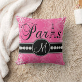 ショッキングピンクのダマスク織の黒のパリのモノグラムの枕 クッション (ブランケット)