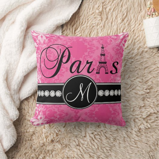 ショッキングピンクのダマスク織の黒のパリのモノグラムの枕 クッション (ブランケット)