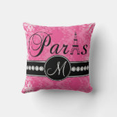 ショッキングピンクのダマスク織の黒のパリのモノグラムの枕 クッション (裏面)