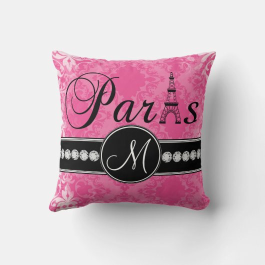 ショッキングピンクのダマスク織の黒のパリのモノグラムの枕 クッション (裏面)