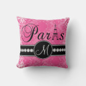 ショッキングピンクのダマスク織の黒のパリのモノグラムの枕 クッション (正面)