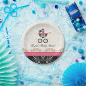 ショッキングピンクのダマスク織キャリッジベビーシャワー ペーパープレート (パーティー)