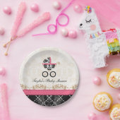 ショッキングピンクのダマスク織キャリッジベビーシャワー ペーパープレート (パーティー)