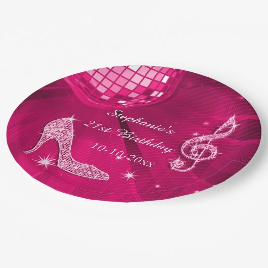 ショッキングピンクのディスコの球およびかかとの第21誕生日 ペーパープレート (アングル)