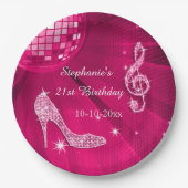 ショッキングピンクのディスコの球およびかかとの第21誕生日 ペーパープレート (正面)