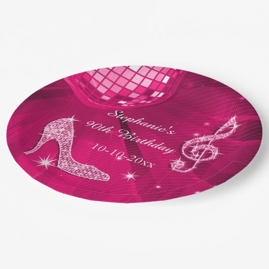 ショッキングピンクのディスコの球およびかかとの第90誕生日 ペーパープレート (アングル)