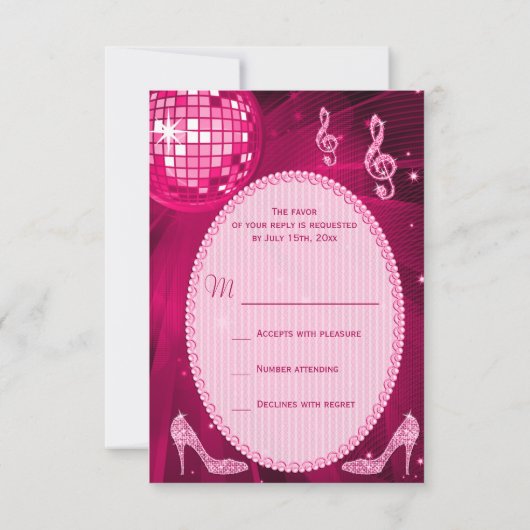ショッキングピンクのディスコの球の輝きはRSVPをかかとで蹴ります 出欠カード (裏面)