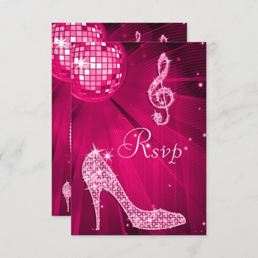 ショッキングピンクのディスコの球の輝きはRSVPをかかとで蹴ります 出欠カード (正面/裏面)