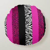 ショッキングピンクのヒョウおよびシマウマのアニマルプリント ラウンドクッション (正面)