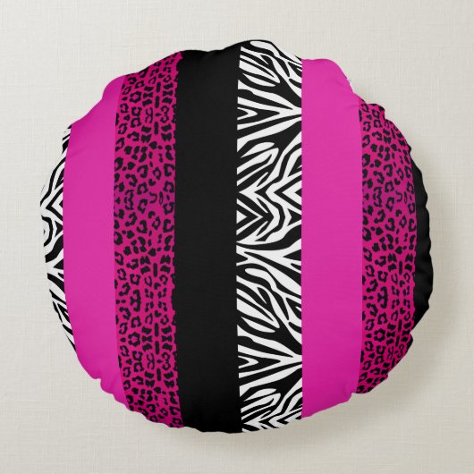 ショッキングピンクのヒョウおよびシマウマのアニマルプリント ラウンドクッション (裏面)