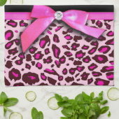 ショッキングピンクのヒョウのプリントのリボンの弓グラフィック キッチンタオル (折り畳み)