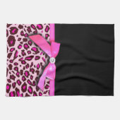 ショッキングピンクのヒョウのプリントのリボンの弓グラフィック キッチンタオル (横)