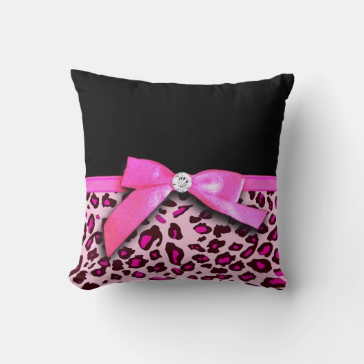 ショッキングピンクのヒョウのプリントのリボンの弓グラフィック クッション (正面)