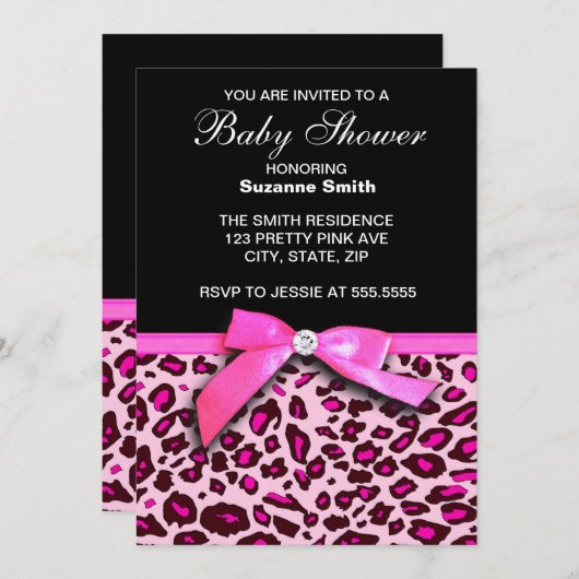 ショッキングピンクのヒョウのプリントの女の子のベビーシャワーの招待 招待状 (正面/裏面)