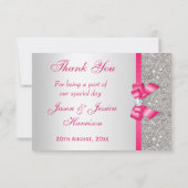 ショッキングピンクのフェイクな弓及びダイヤモンドは感謝していしています サンキューカード (裏面)