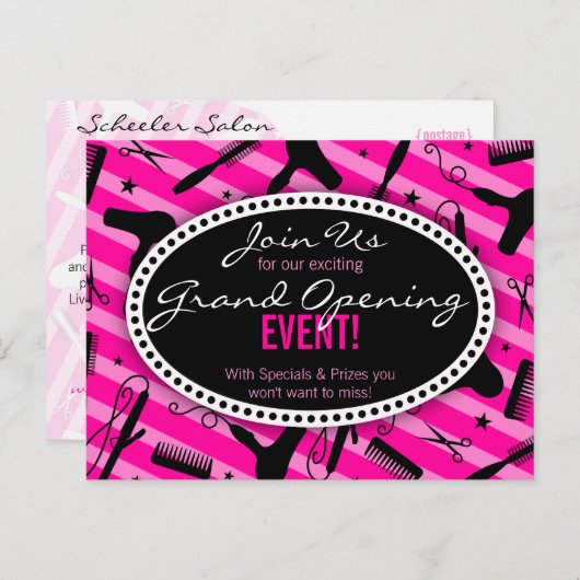 ショッキングピンクのヘアーサロンのオープン インビテーションポストカード (正面/裏面)