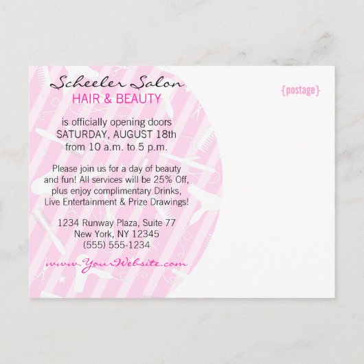 ショッキングピンクのヘアーサロンのオープン インビテーションポストカード (裏面)